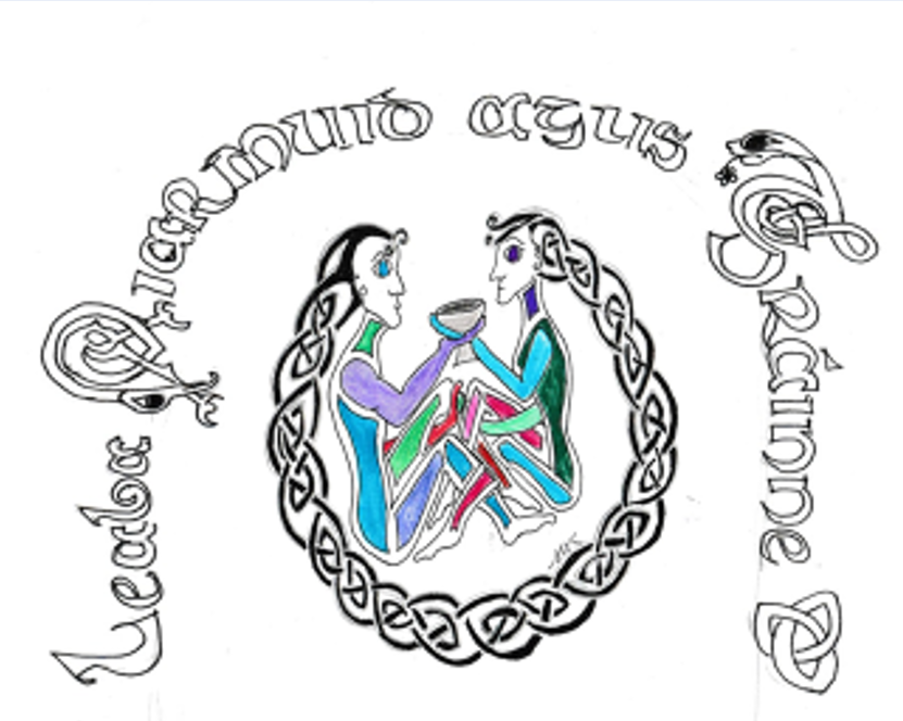 Illustration in a Celtic style of two people sharing a cup